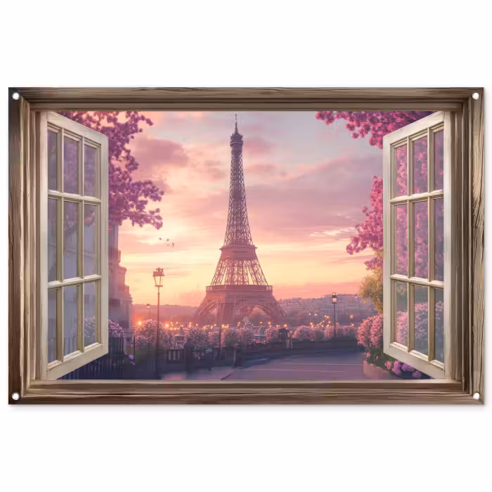 Gartenposter - Durchsichtig - Paris - Eiffelturm - Rosa - Kirschblüte