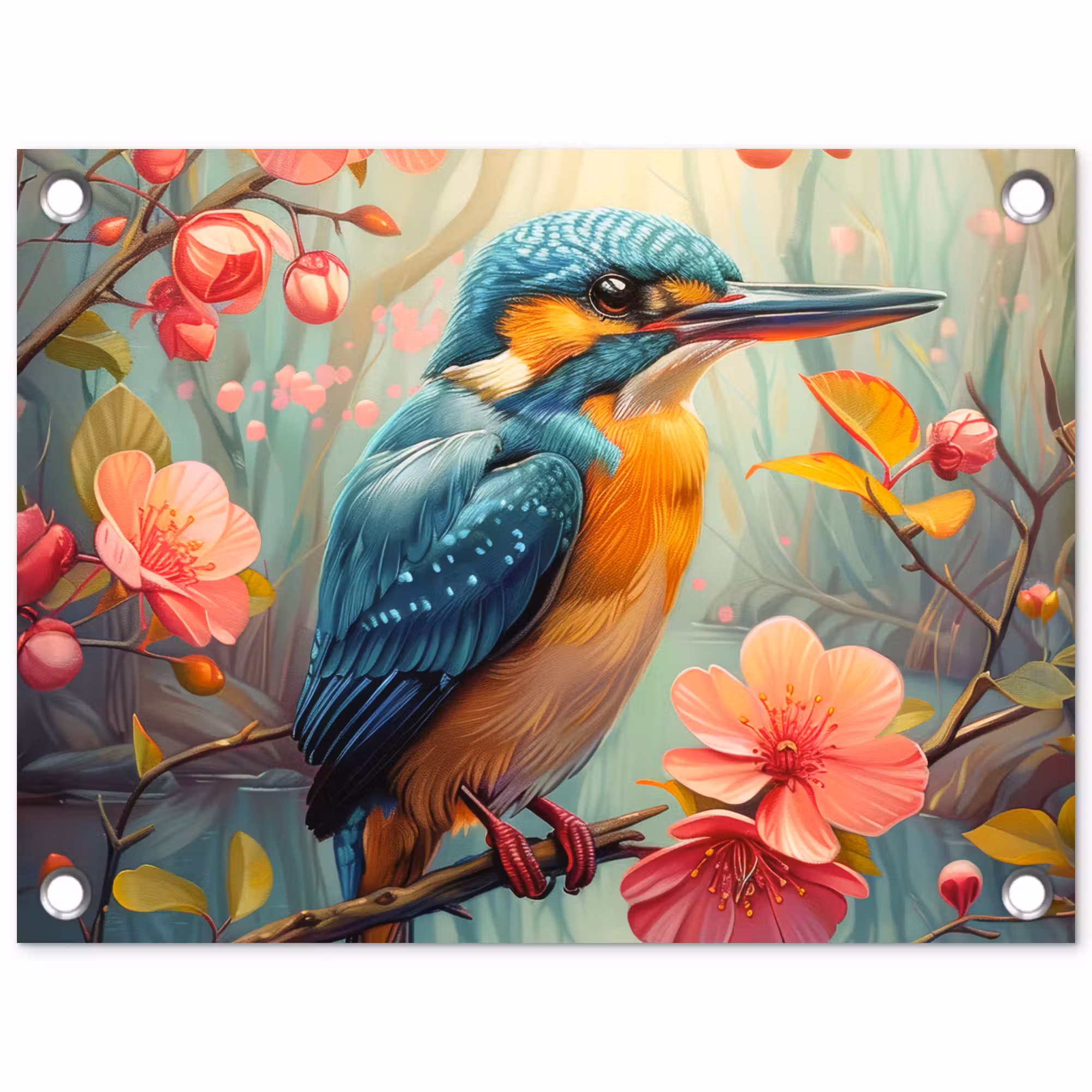 Gartenposter - Eisvogel - Blüte - Natur - Vögel - Blumen