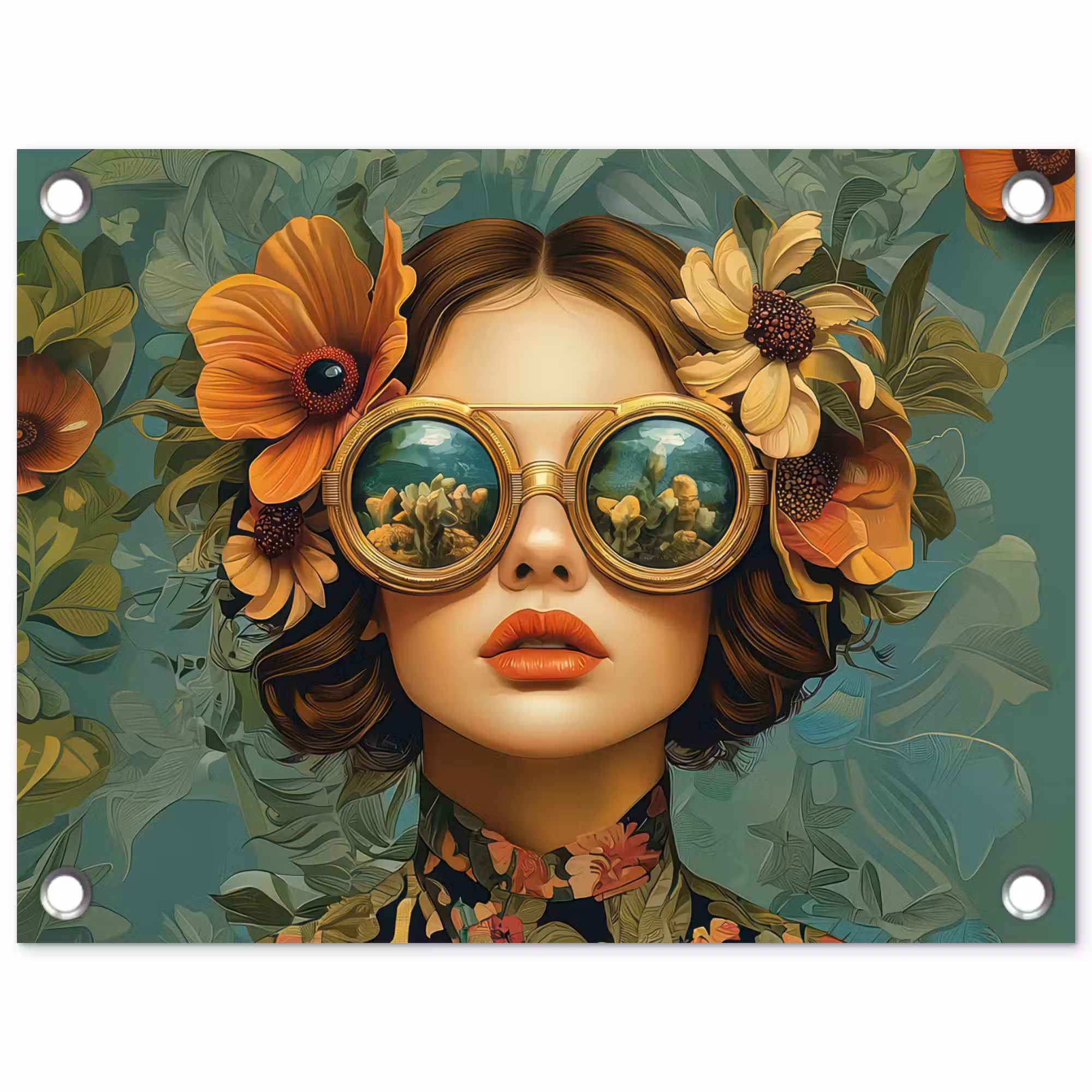 Gartenposter - Frau - Blumen - Schmetterlinge - Natur - Vintage