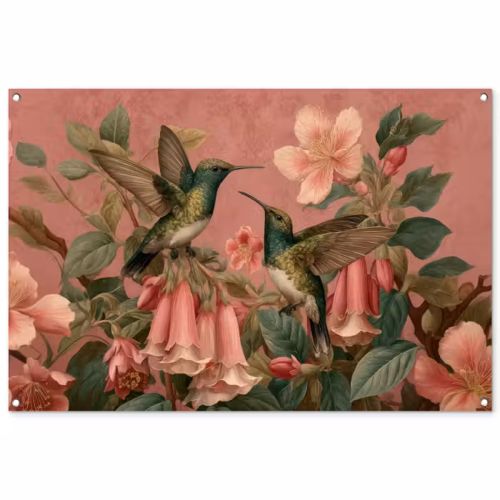 Gartenposter - Kolibris - Blumen - Grün - Rosa