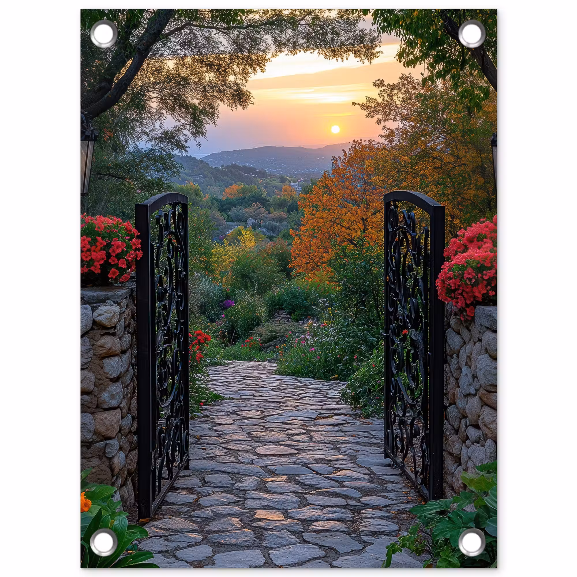 Gartenposter - Landschaft - Zaun - Weg - Sonnenuntergang - Natur