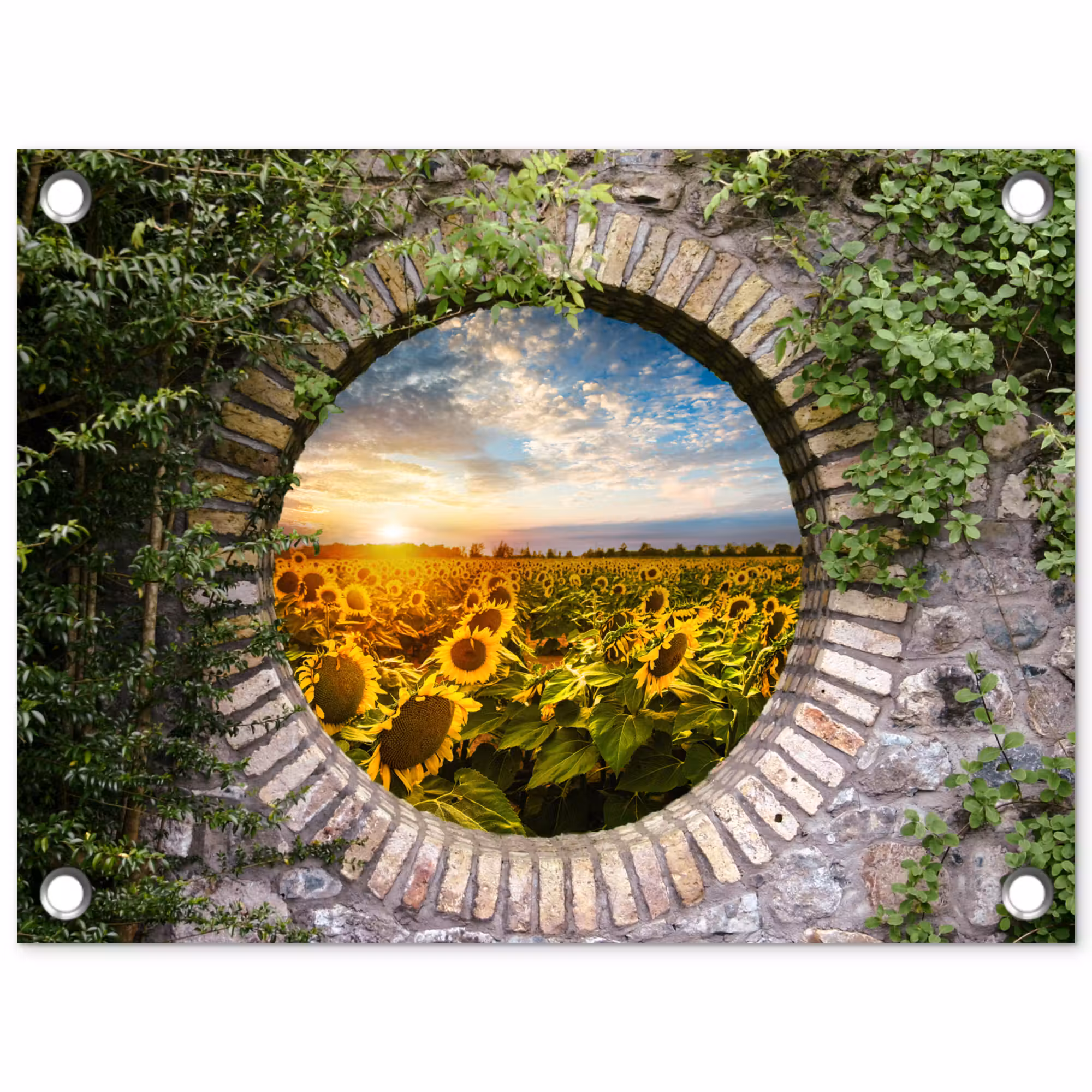 Gartenposter - Rundes Tor zum Sonnenblumenfeld