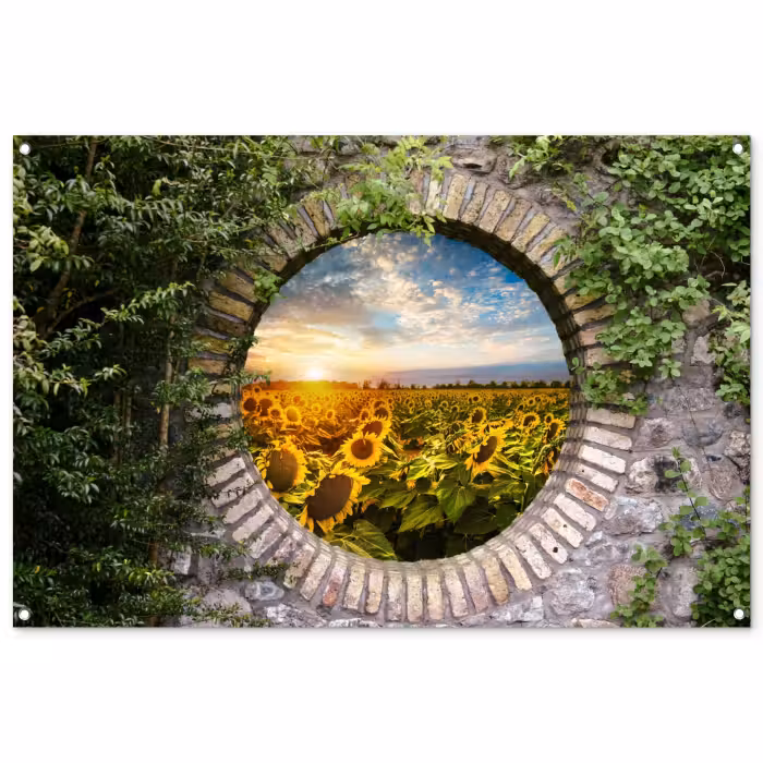 Gartenposter - Rundes Tor zum Sonnenblumenfeld