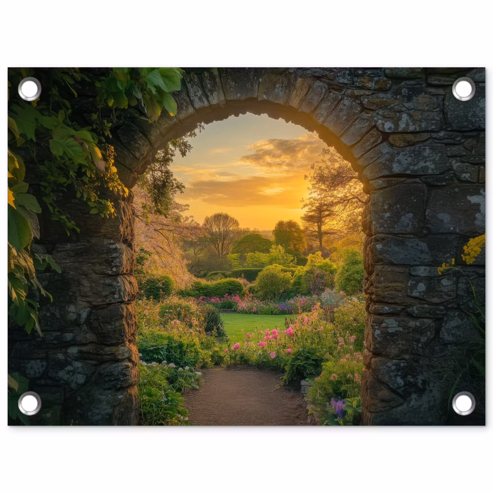 Gartenposter - Tor - Pflanzen - Sonnenuntergang