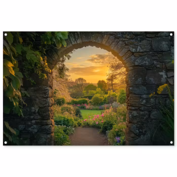 Gartenposter - Tor - Pflanzen - Sonnenuntergang