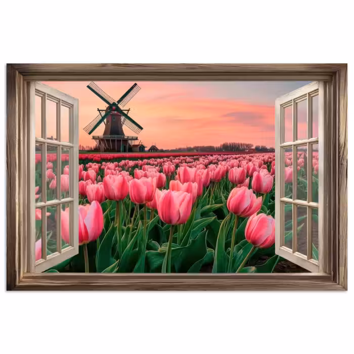Poster - Ausblick - Tulpen - Blumen - Mühle - Fenster