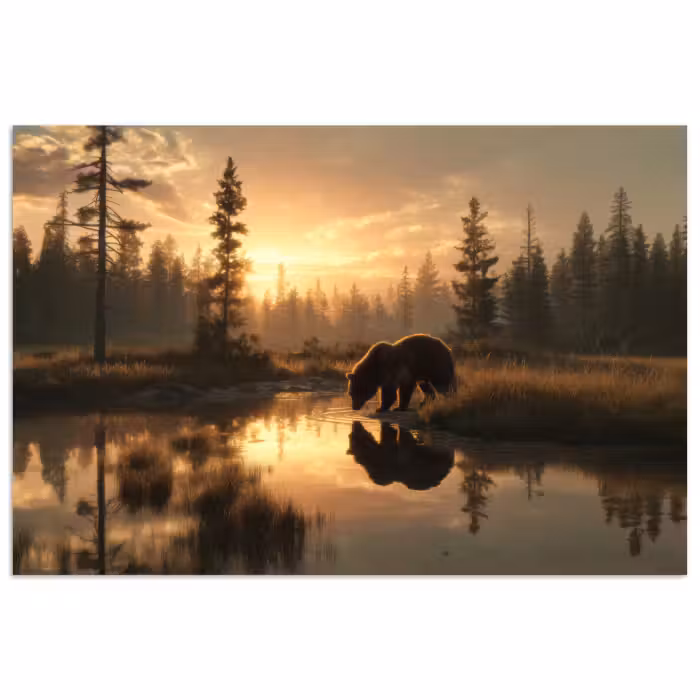 Poster - Bär - Wasser - Wald - Morgenlicht