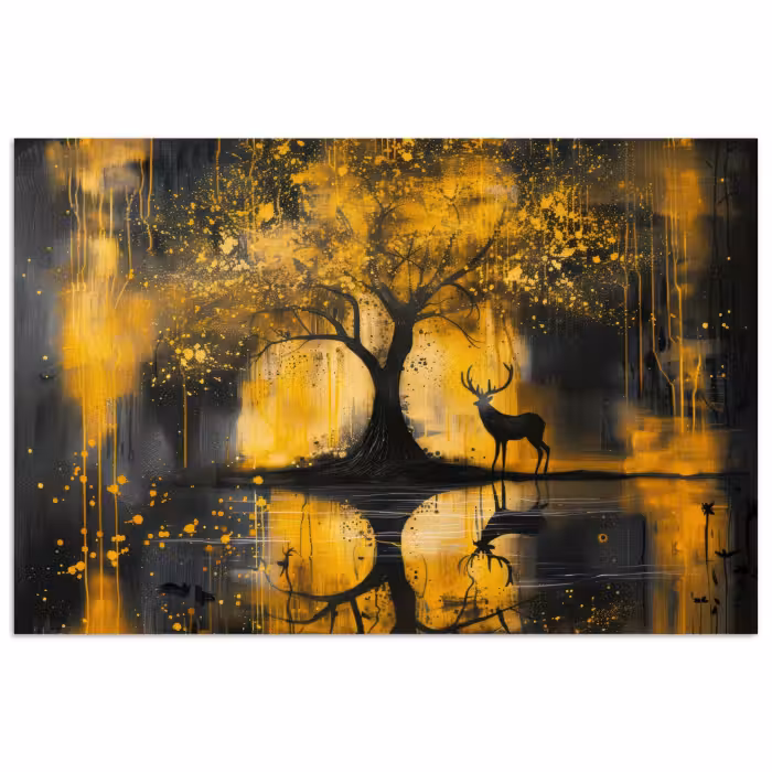 Poster - Baum - Lackierung - Hirsch - Natur - Gold