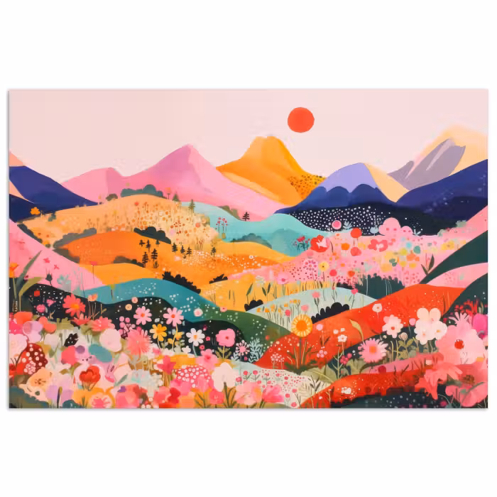Poster - Bunte Blumen - Berge - Fantasielandschaft