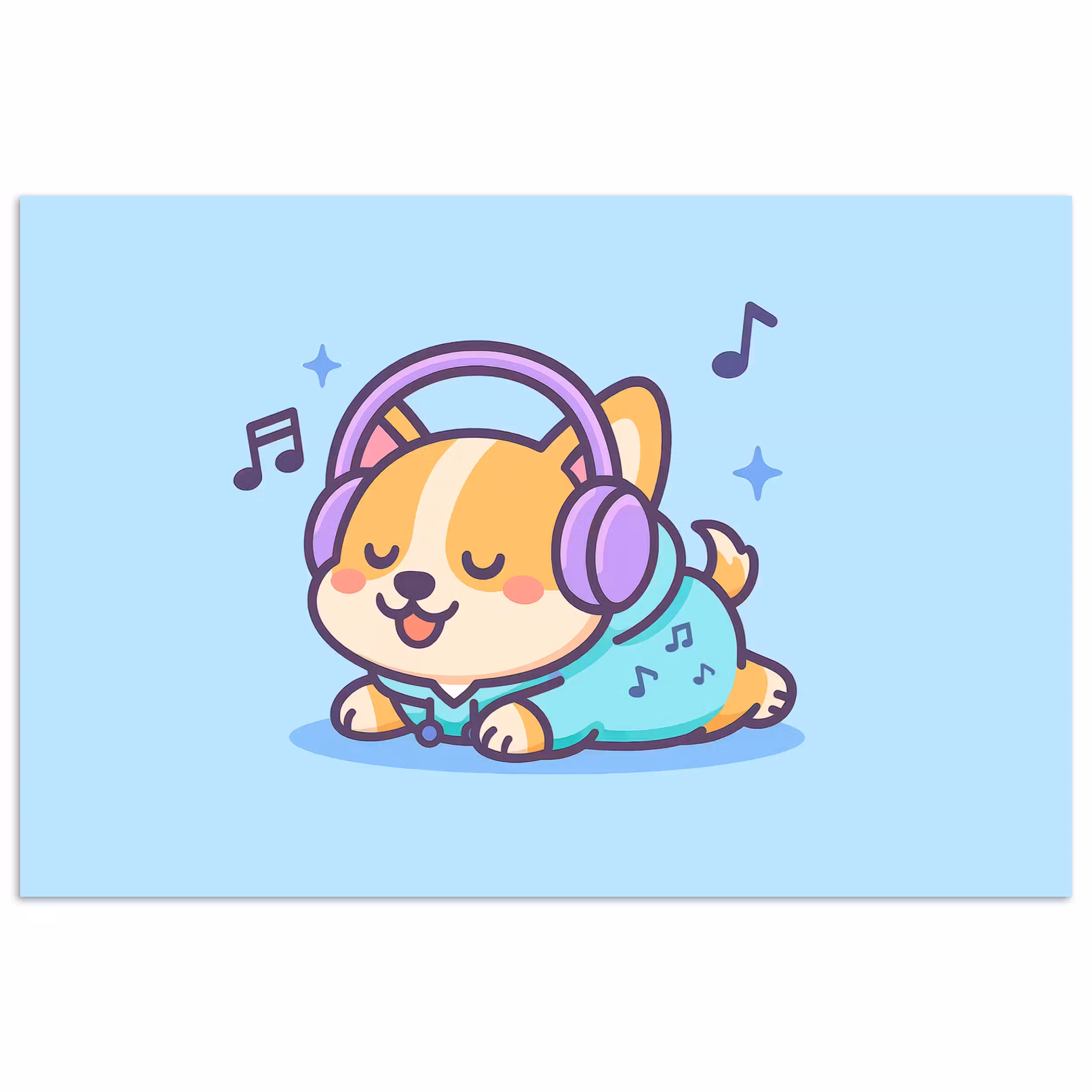 Poster - Corgi - Kopfhörer - Blau - Musikalische Noten