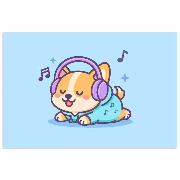 Poster - Corgi - Kopfhörer - Blau - Musikalische Noten