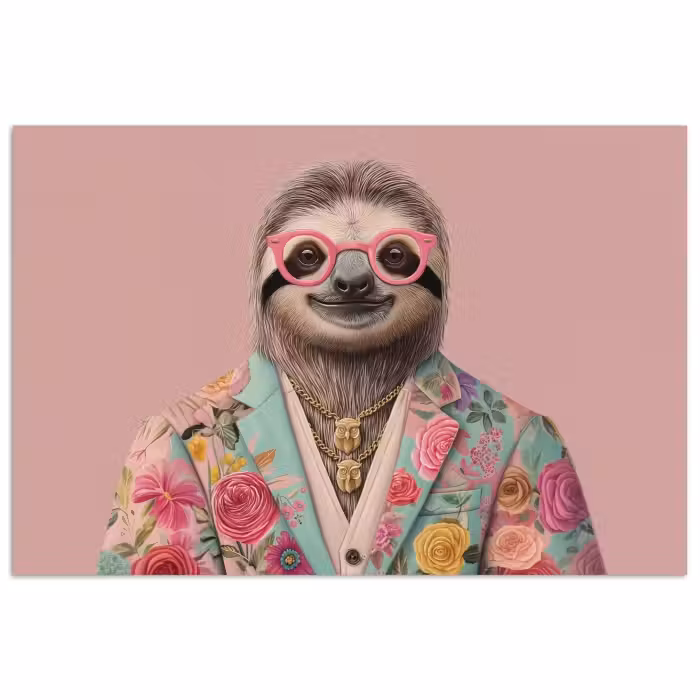 Poster - Faultier - Blumendruck - Brille - Rosa