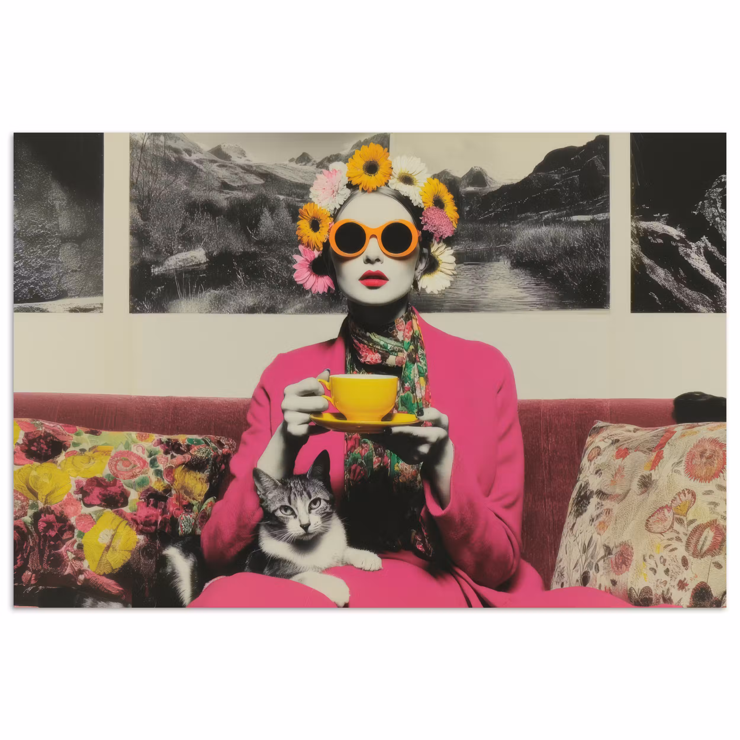 Poster - Frau - Katze - Blumen - Tasse - Retro