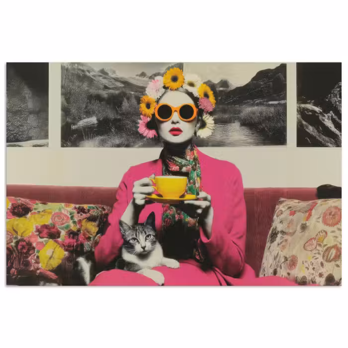 Poster - Frau - Katze - Blumen - Tasse - Retro