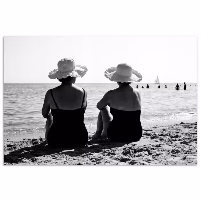 Poster - Frauen – Sonnenhut – Strand – Schwarz – Weiß