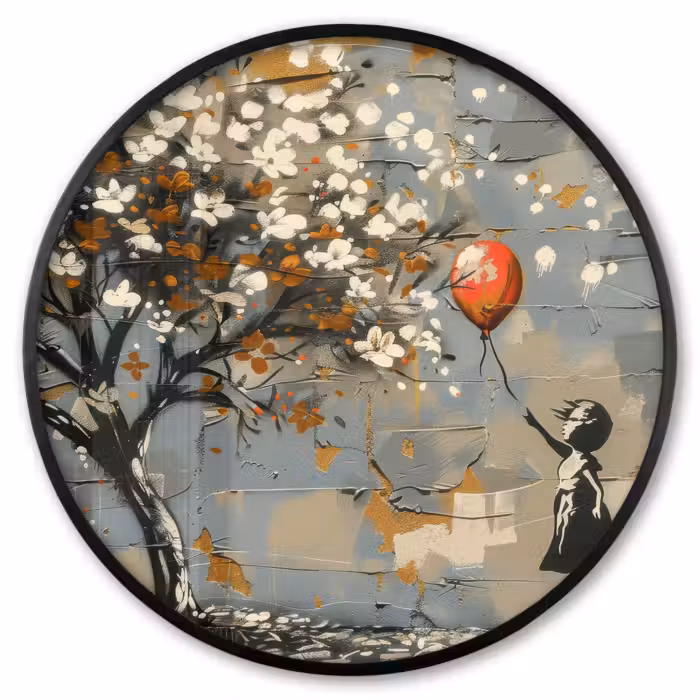 Poster im rahmen rund - Baum - Graffiti - Banksy-Stil - Ballon-Mädchen
