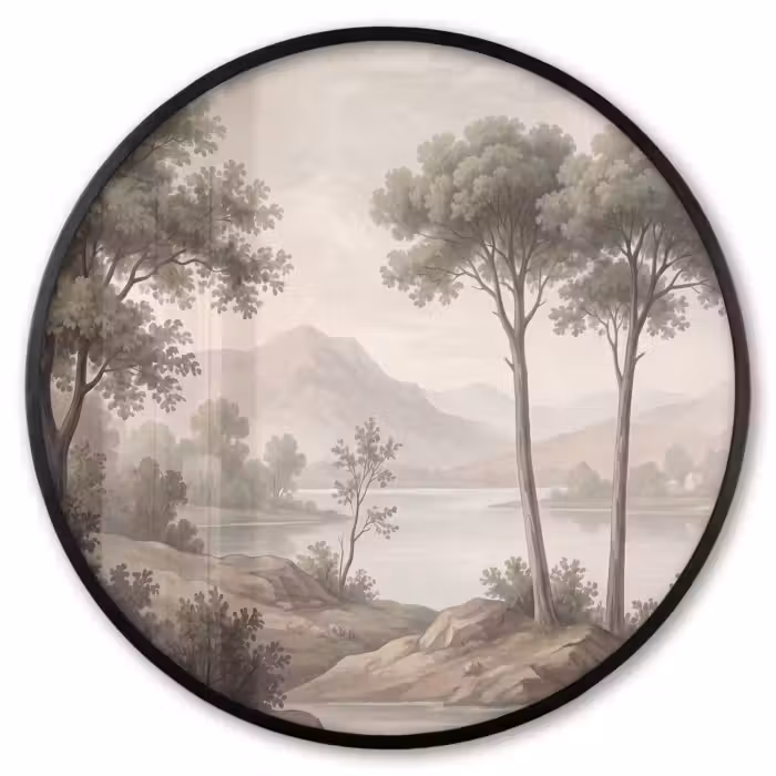 Poster im Rahmen Rund - Bäume - See - Berge - Illustration