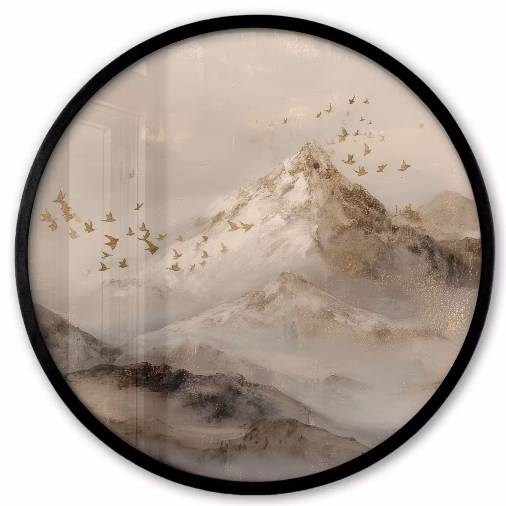 Poster im Rahmen Rund - Berglandschaft - Nebel - Pinselstriche