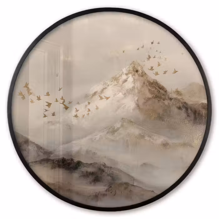 Poster im Rahmen Rund - Berglandschaft - Nebel - Pinselstriche