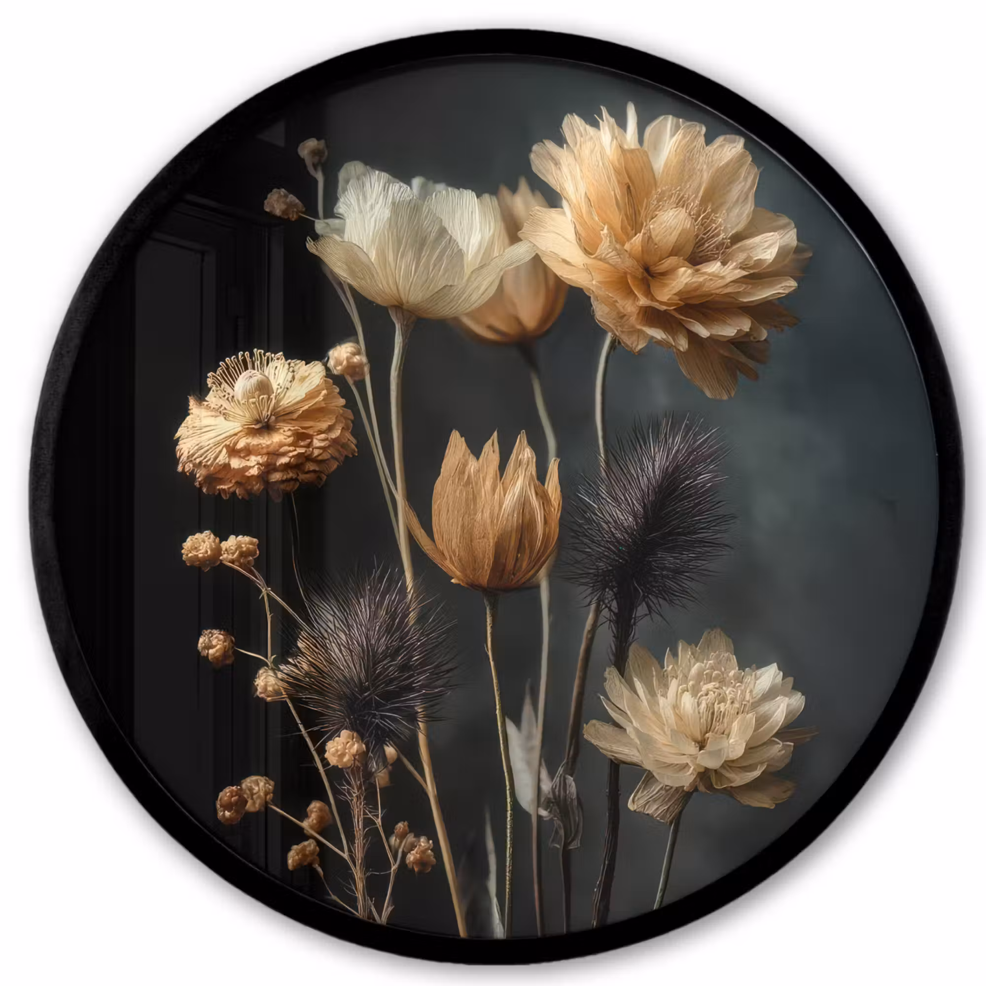 Poster im Rahmen Rund - Blumenstrauß - Blumen - Licht - Schwarz