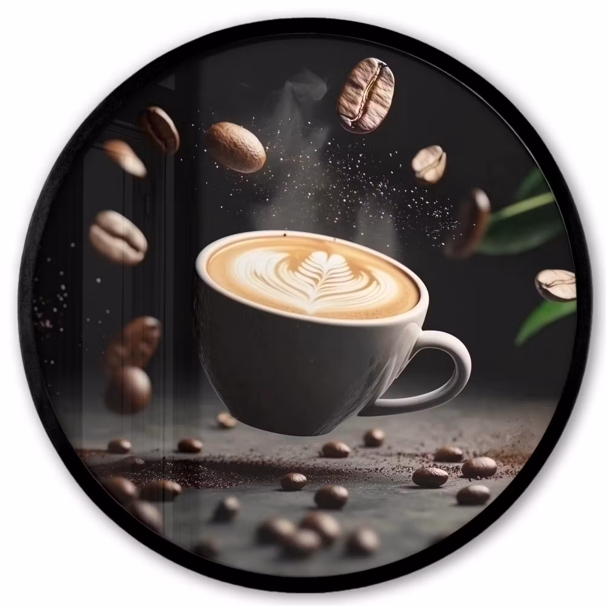 Poster im rahmen rund - Cappuccino - Tasse - Bohnen - Braun