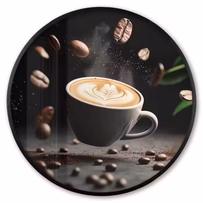 Poster im rahmen rund - Cappuccino - Tasse - Bohnen - Braun