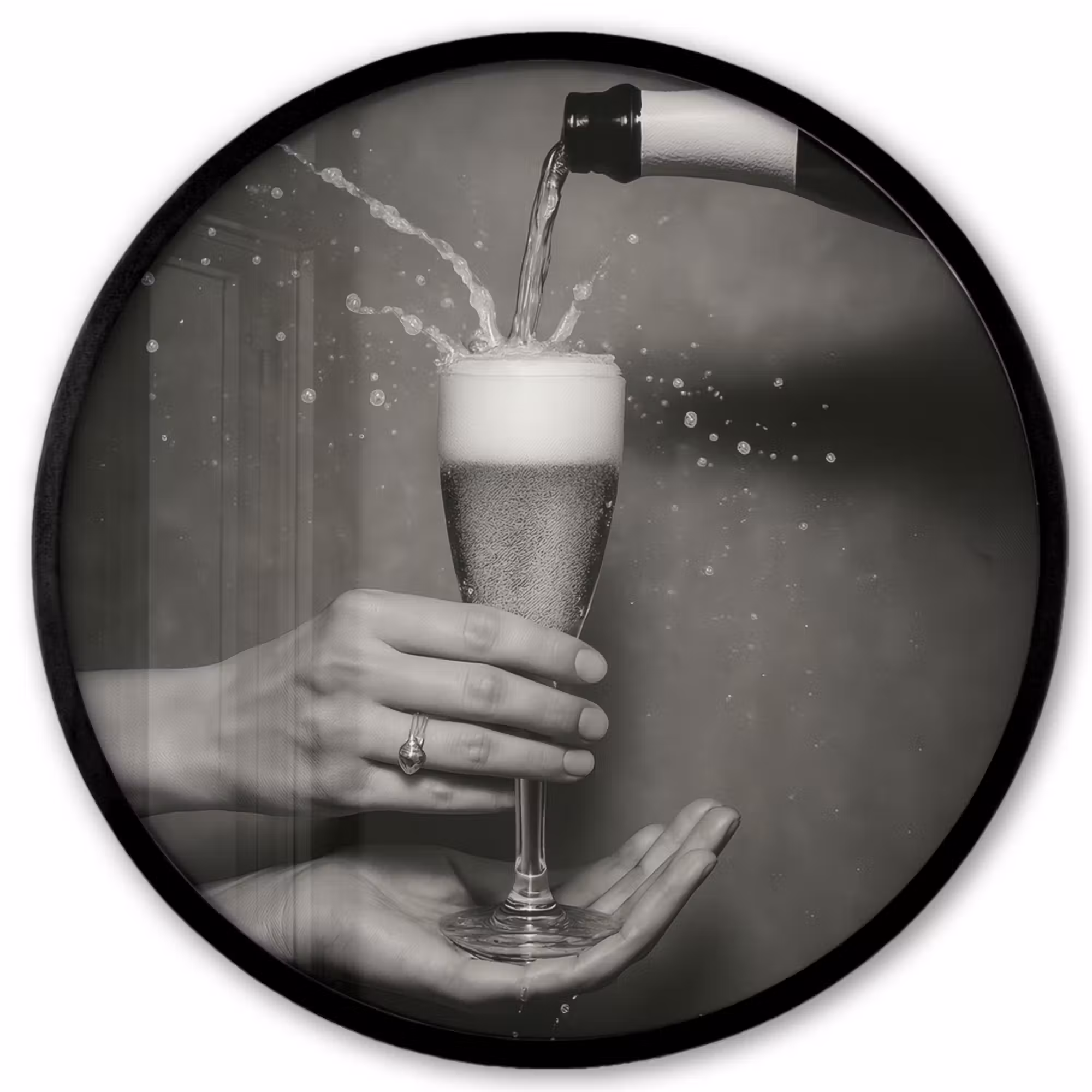 Poster im Rahmen Rund - Champagnerflasche - Glas - Minimalistisch - Spritzer