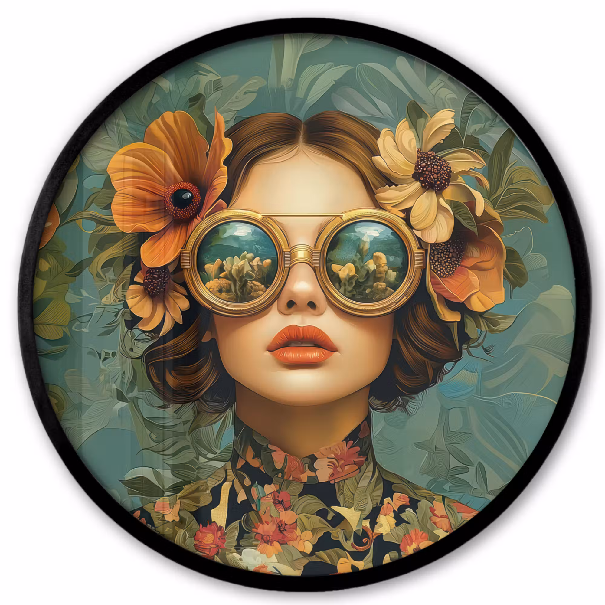 Poster im Rahmen Rund - Frau - Blumen - Schmetterlinge - Natur - Vintage