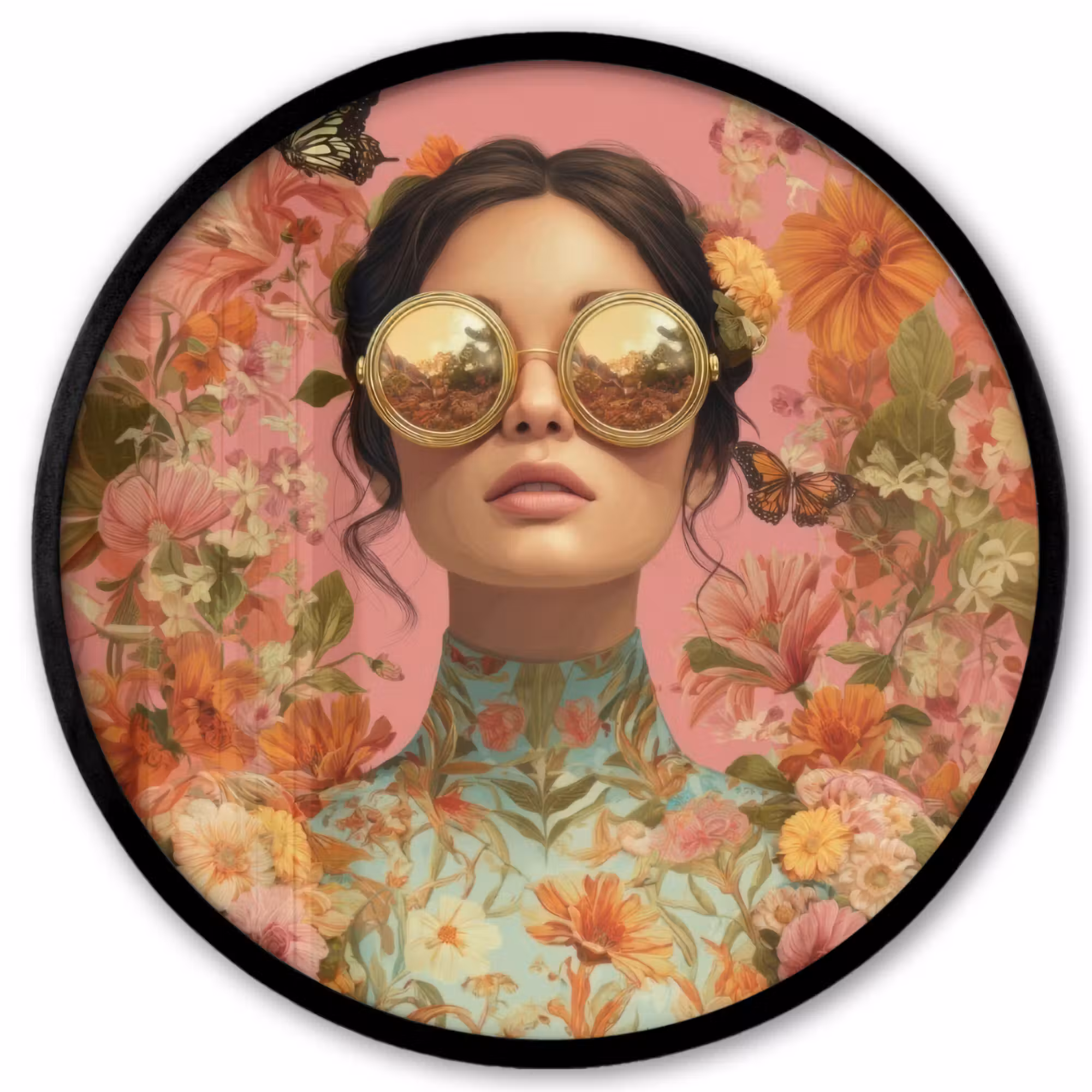 Poster im Rahmen Rund - Frau - Brille - Rosa - Blumen