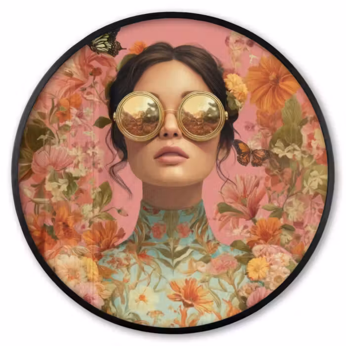 Poster im Rahmen Rund - Frau - Brille - Rosa - Blumen