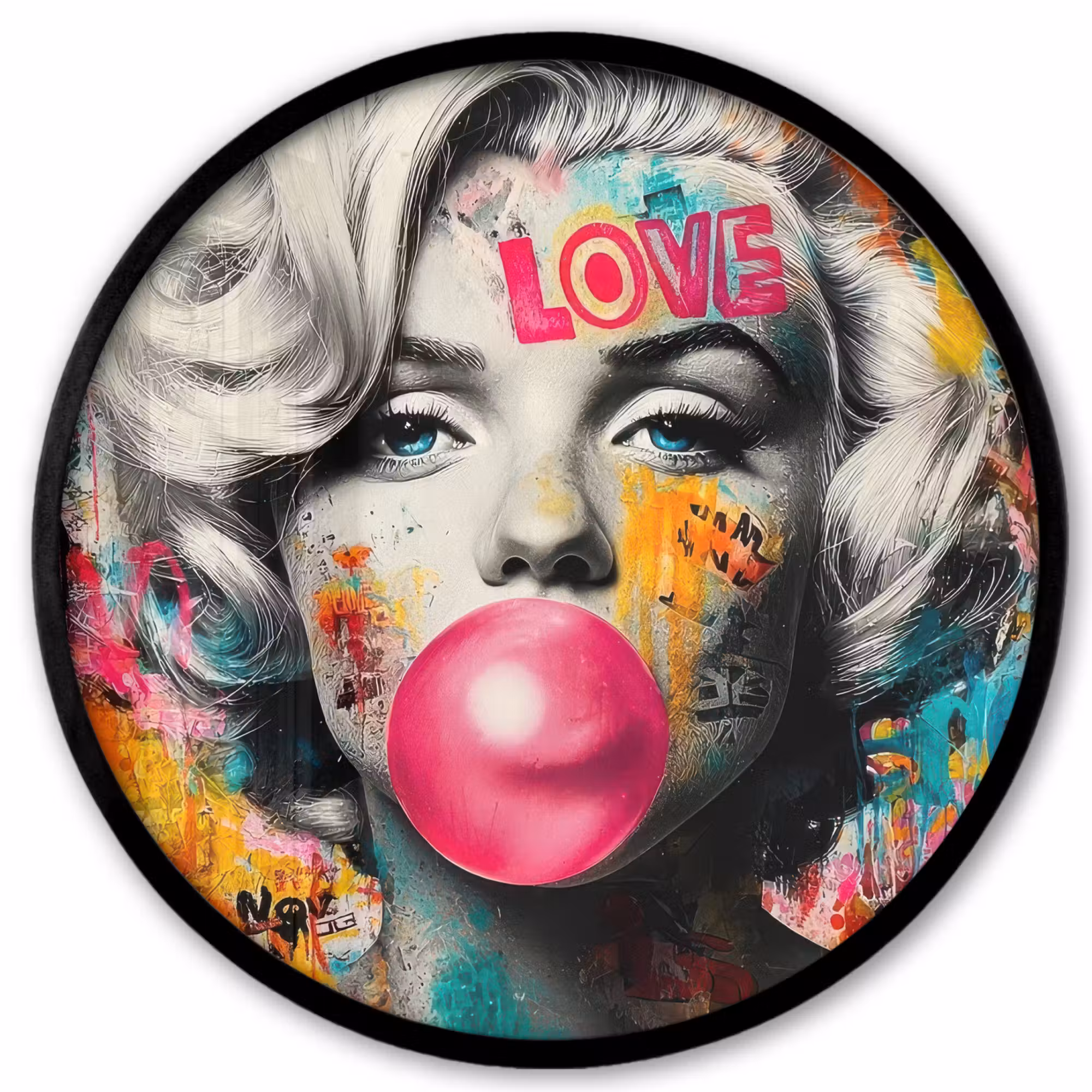 Poster im Rahmen Rund - Frau - Kaugummi - Graffiti - Neonfarben