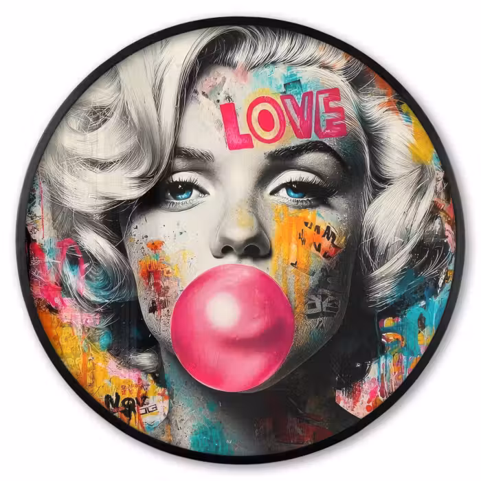 Poster im Rahmen Rund - Frau - Kaugummi - Graffiti - Neonfarben