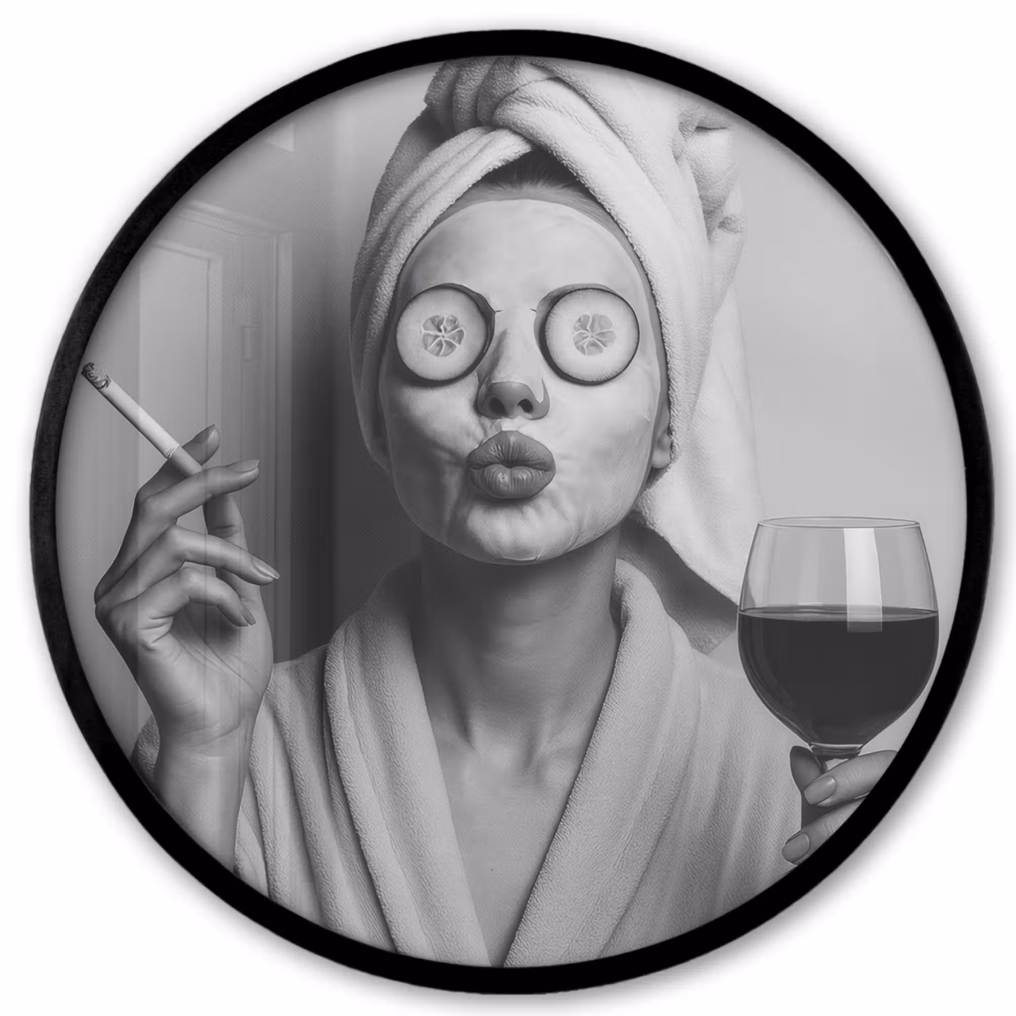 Poster im Rahmen Rund - Frau - Maske - Wein - Zigarette