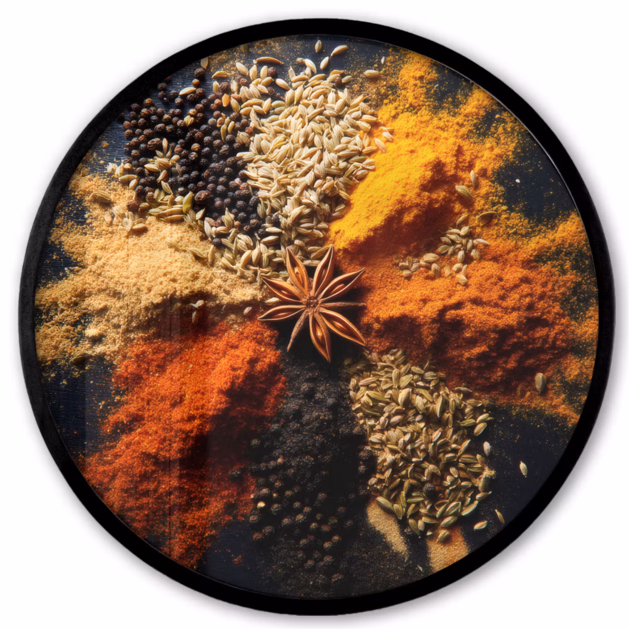 Poster im Rahmen Rund - Gewürze - Explosion - Orange