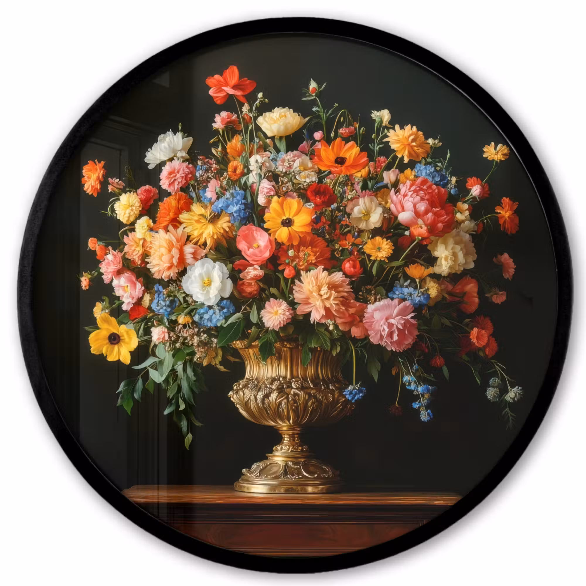 Poster im Rahmen Rund - Gold - Blumen - Farben - Vase