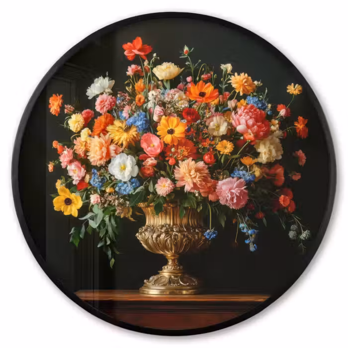 Poster im Rahmen Rund - Gold - Blumen - Farben - Vase