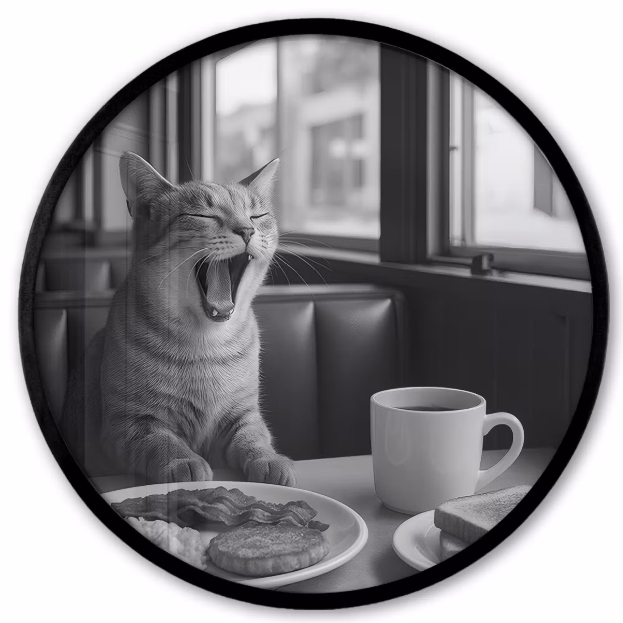 Poster im Rahmen Rund - Katze - Kaffee - Brot - Schwarz