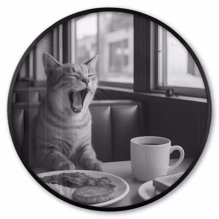 Poster im Rahmen Rund - Katze - Kaffee - Brot - Schwarz