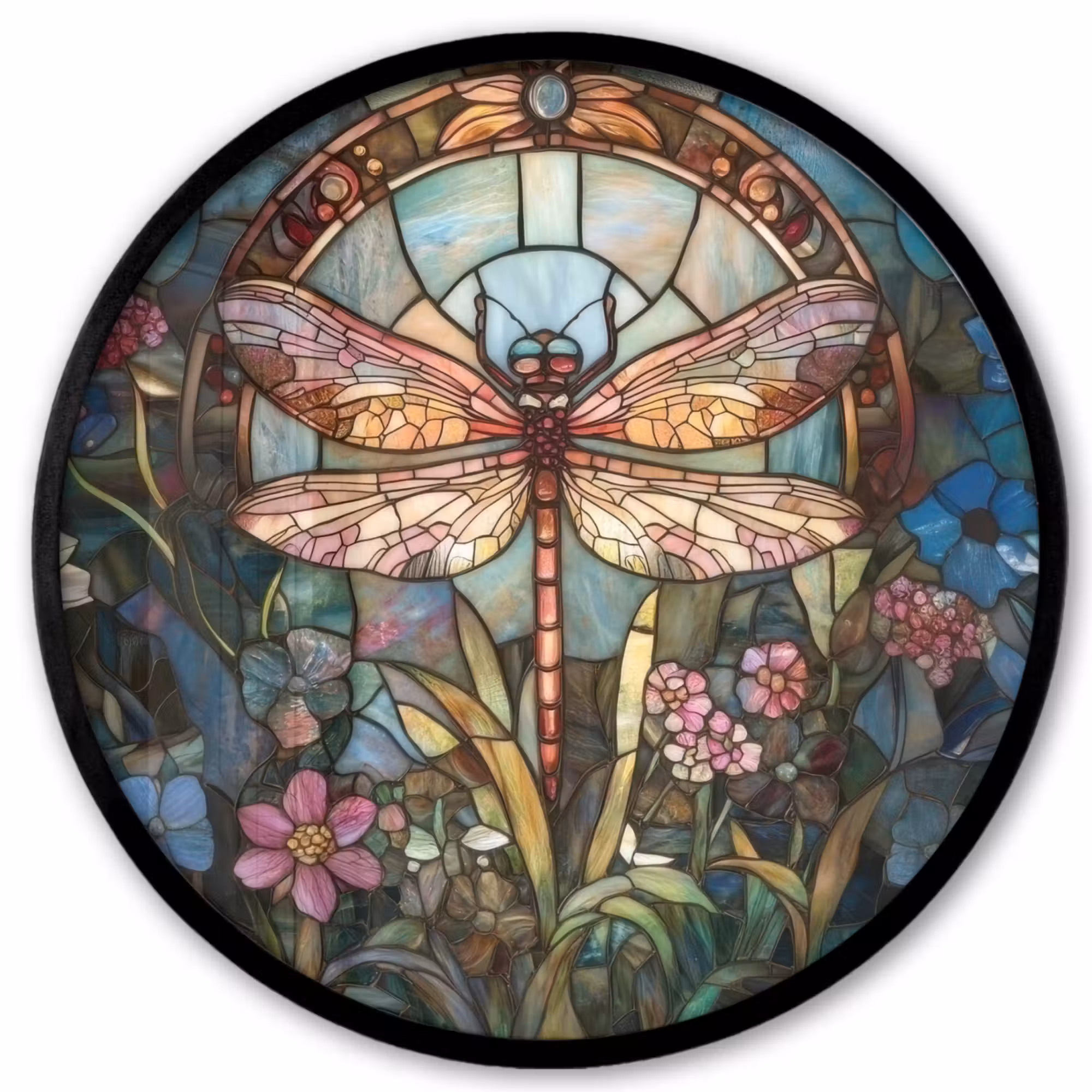 Poster im Rahmen Rund - Libelle - Mosaik - Blumen - Farbenfroh