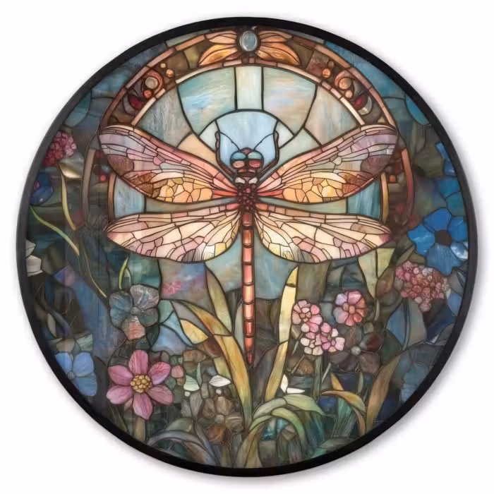 Poster im Rahmen Rund - Libelle - Mosaik - Blumen - Farbenfroh