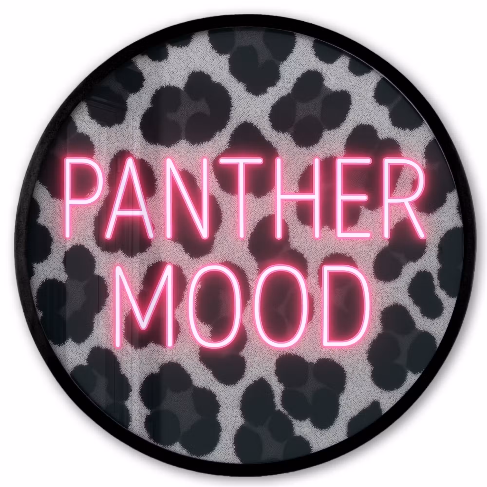 Poster im Rahmen Rund - Pantherdruck - Schwarz - Neonschrift - Rosa