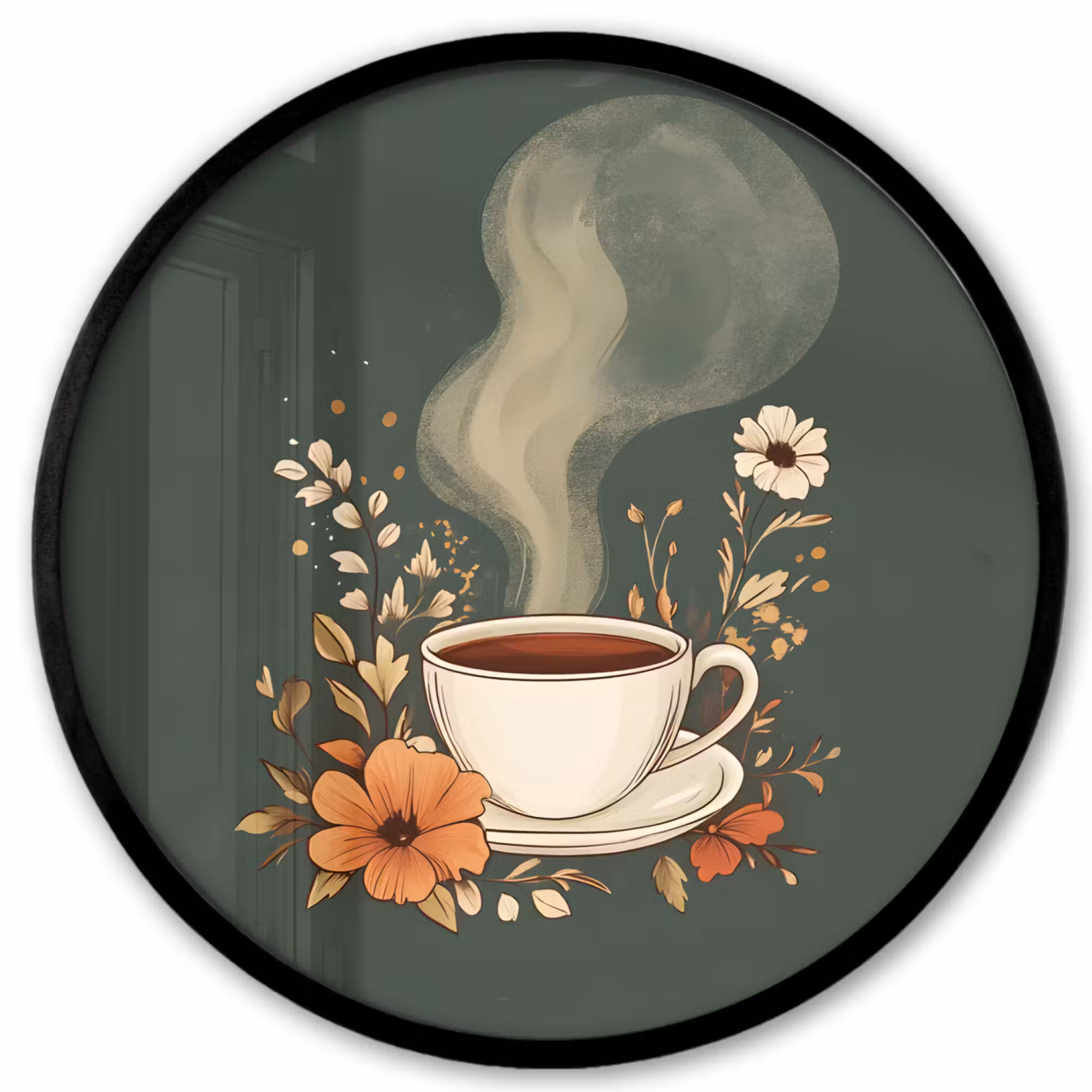 Poster im Rahmen Rund - Tasse - Blumen - Grün - Kaffee