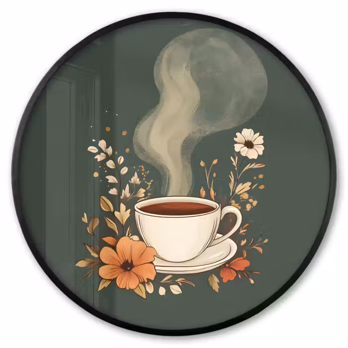 Poster im Rahmen Rund - Tasse - Blumen - Grün - Kaffee