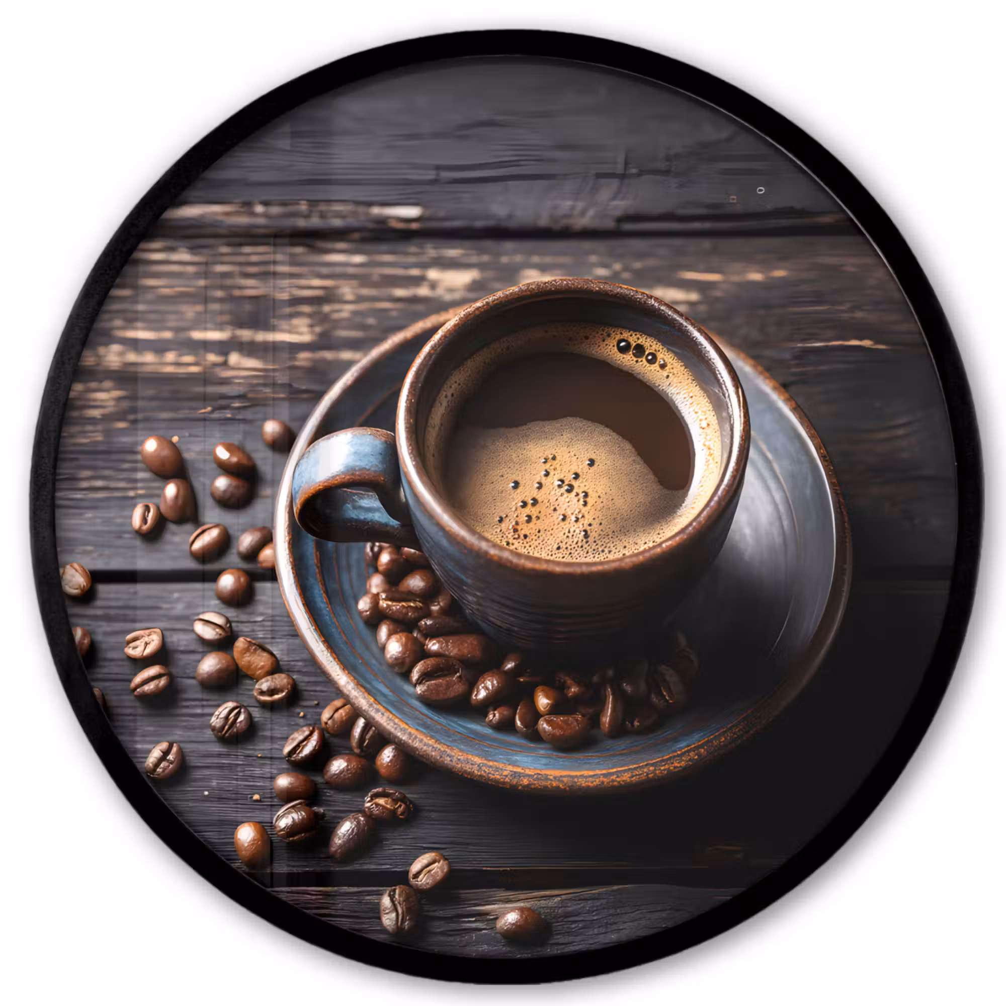 Poster im rahmen rund - Tasse - Kaffee - Holz - Bohnen