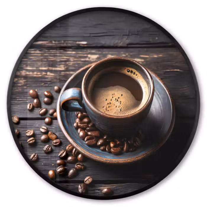 Poster im rahmen rund - Tasse - Kaffee - Holz - Bohnen