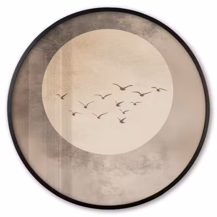 Poster im Rahmen Rund - Vogel - Beige - Japanisch