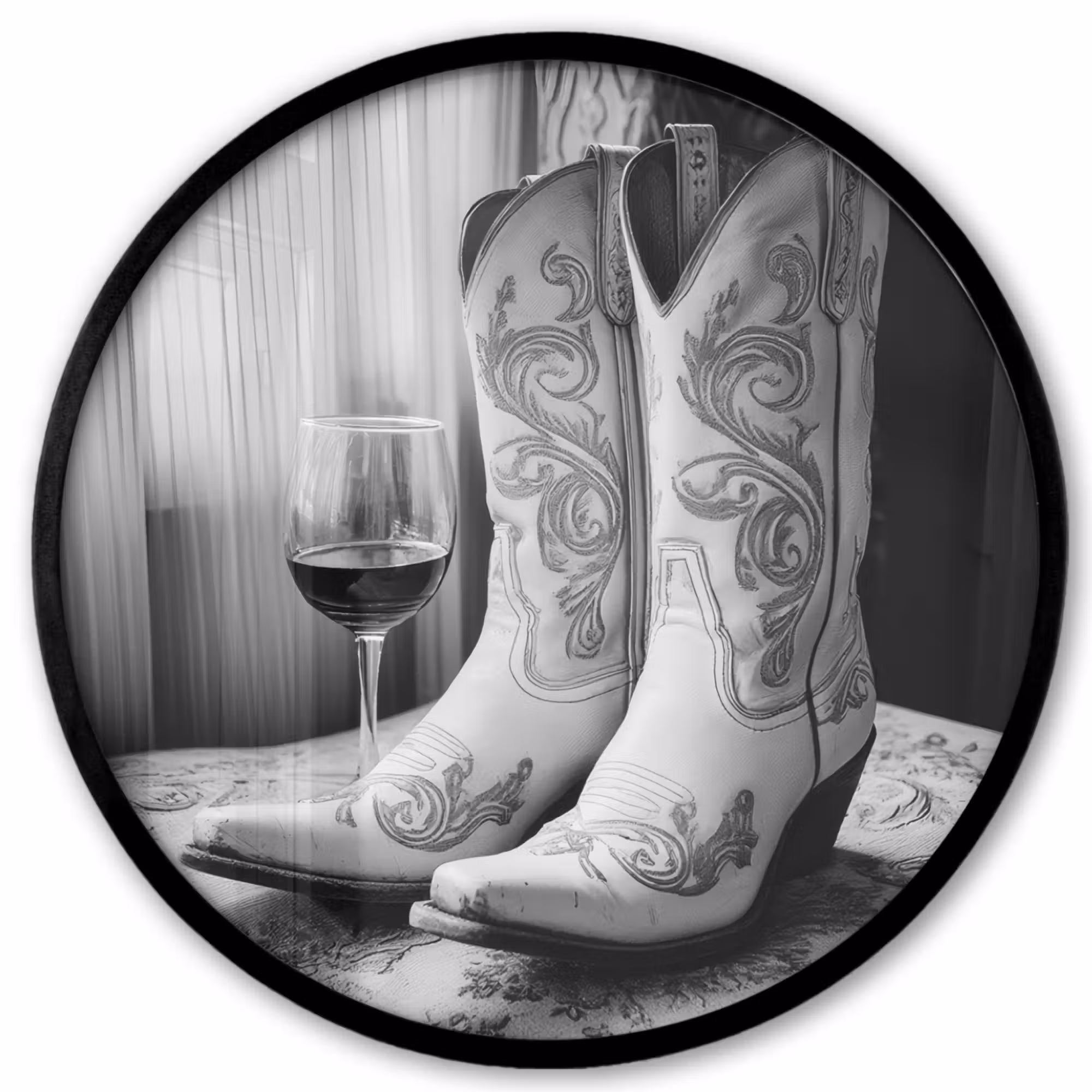 Poster im Rahmen Rund - Wein - Cowboystiefel - Fensterlicht - Weiß