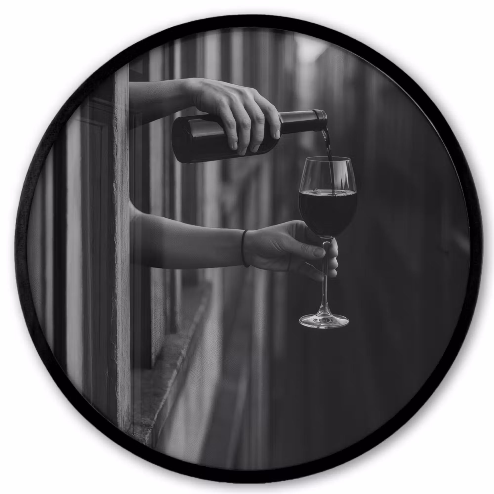 Poster im Rahmen Rund - Weinflasche - Glas - Hände - Fenster