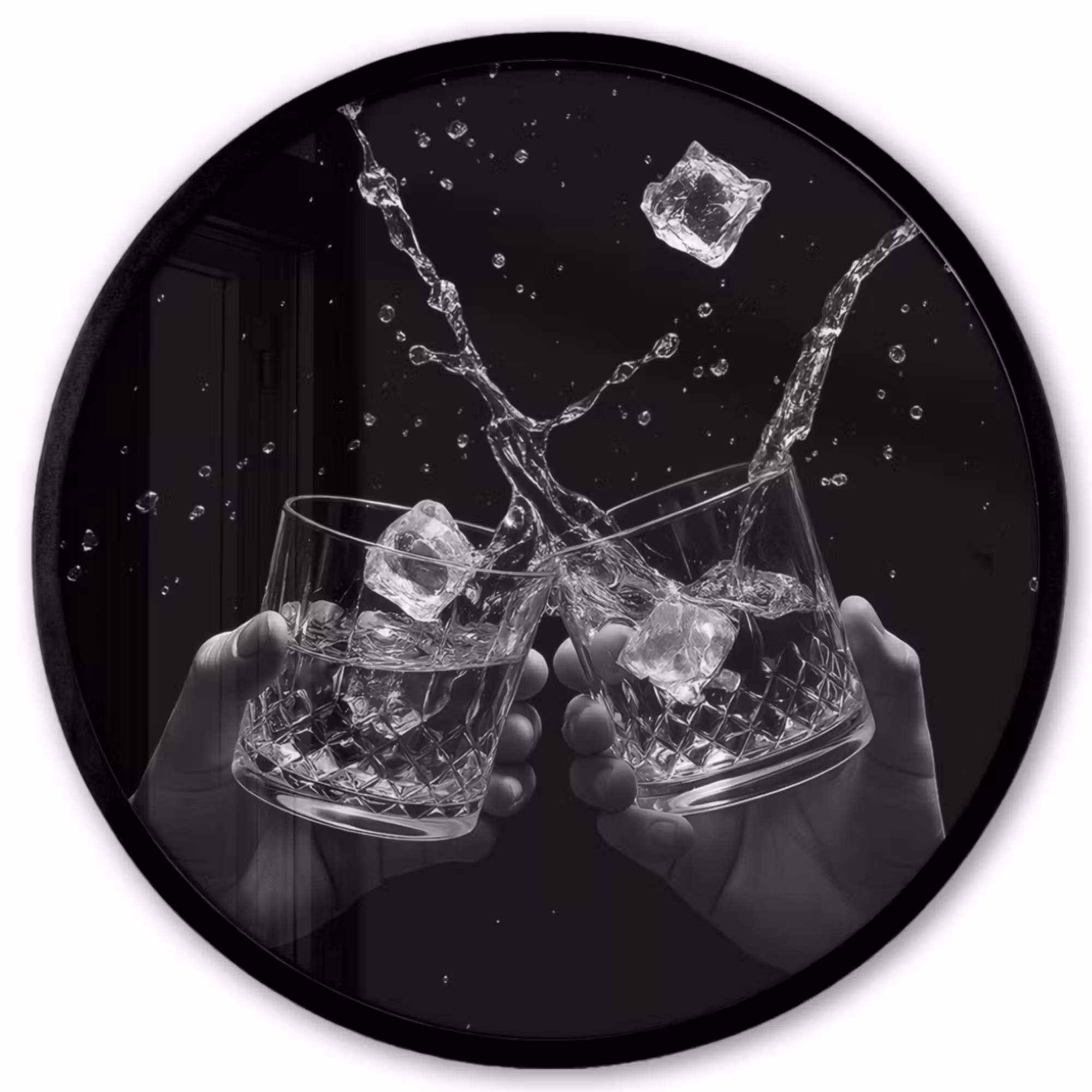 Poster im Rahmen Rund - Whiskygläser - Eis - Spritzer - Schwarz