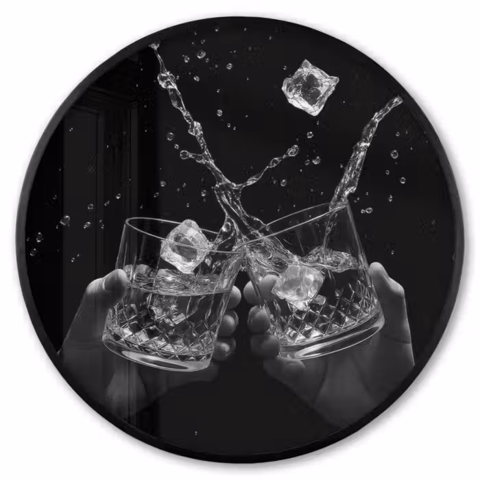 Poster im Rahmen Rund - Whiskygläser - Eis - Spritzer - Schwarz